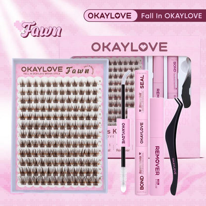 OKAYLOVE Brown Lash Clusters Kit with Long-Lasting Lash Bond and Seal,Tweezers and Remover for DIY Eyelash at Home for Natural Makeup Girl Gifts for Halloween