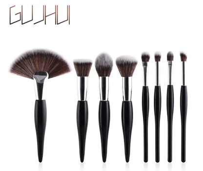 8-Piece Makeup Brush Set with Black Handle and Silver Tubes