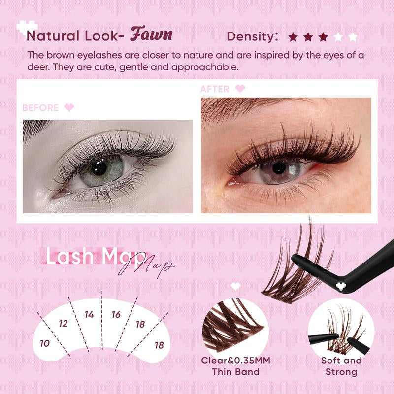 OKAYLOVE Brown Lash Clusters Kit with Long-Lasting Lash Bond and Seal,Tweezers and Remover for DIY Eyelash at Home for Natural Makeup Girl Gifts for Halloween