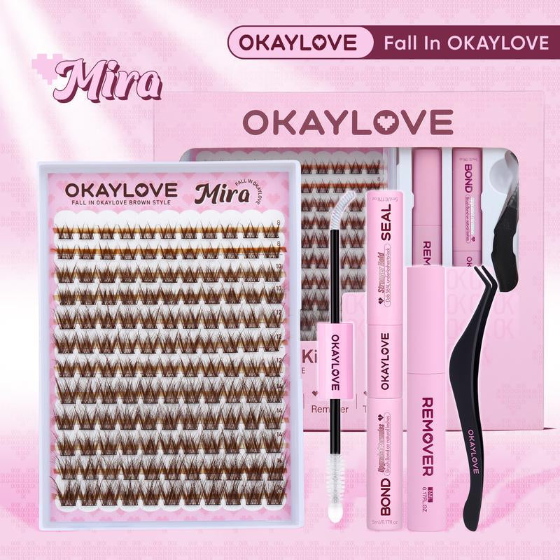 OKAYLOVE Brown Lash Clusters Kit with Long-Lasting Lash Bond and Seal,Tweezers and Remover for DIY Eyelash at Home for Natural Makeup Girl Gifts for Halloween