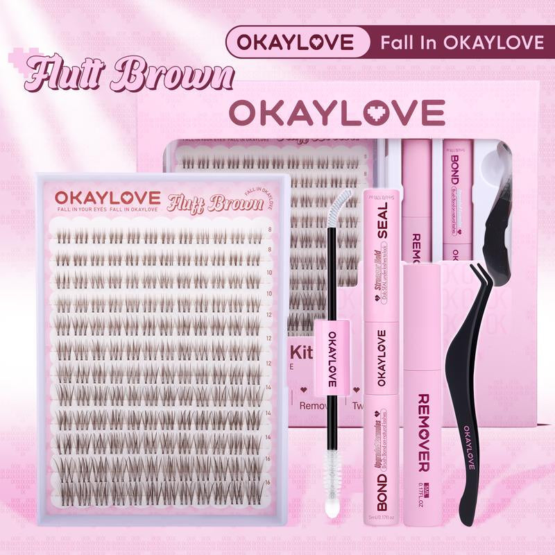 OKAYLOVE Brown Lash Clusters Kit with Long-Lasting Lash Bond and Seal,Tweezers and Remover for DIY Eyelash at Home for Natural Makeup Girl Gifts for Halloween