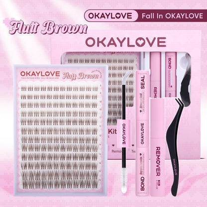 OKAYLOVE Brown Lash Clusters Kit with Long-Lasting Lash Bond and Seal,Tweezers and Remover for DIY Eyelash at Home for Natural Makeup Girl Gifts for Halloween