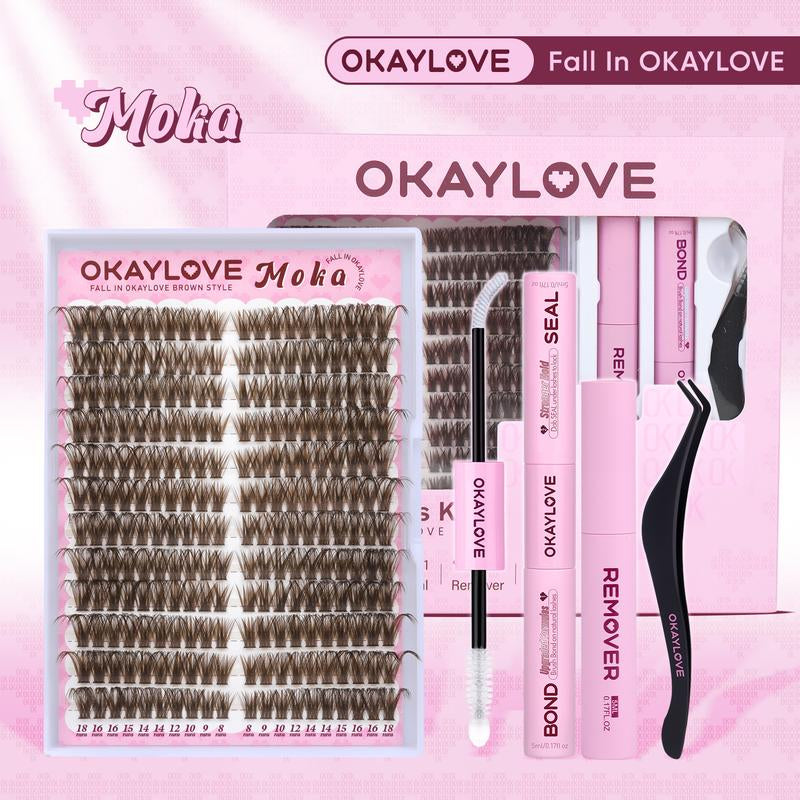 OKAYLOVE Brown Lash Clusters Kit with Long-Lasting Lash Bond and Seal,Tweezers and Remover for DIY Eyelash at Home for Natural Makeup Girl Gifts for Halloween