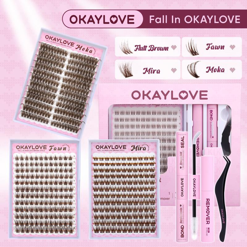 OKAYLOVE Brown Lash Clusters Kit with Long-Lasting Lash Bond and Seal,Tweezers and Remover for DIY Eyelash at Home for Natural Makeup Girl Gifts for Halloween