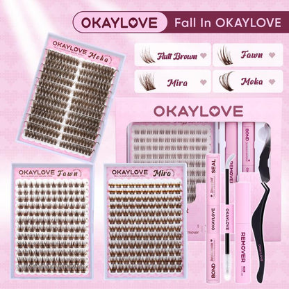 OKAYLOVE Brown Lash Clusters Kit with Long-Lasting Lash Bond and Seal,Tweezers and Remover for DIY Eyelash at Home for Natural Makeup Girl Gifts for Halloween