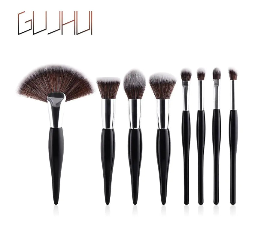 8-Piece Makeup Brush Set with Black Handle and Silver Tubes